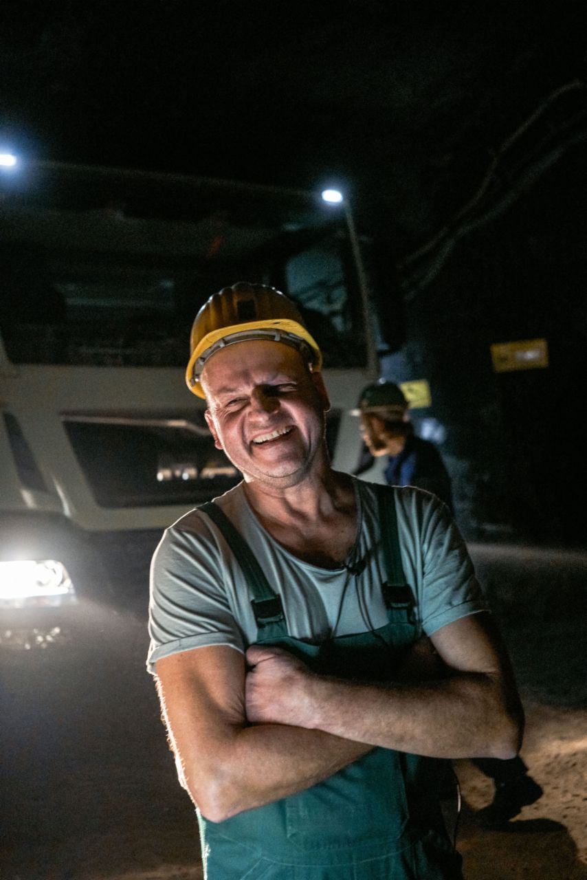 Underground trucker – Matthias Wenzel maneuvering the truck through a tunnel.