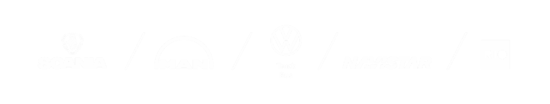 Die Logos der Marken MAN, Scania, Caminhões Ônibus und RIO werden in weiß auf einem grauen Hintergrund abgebildet