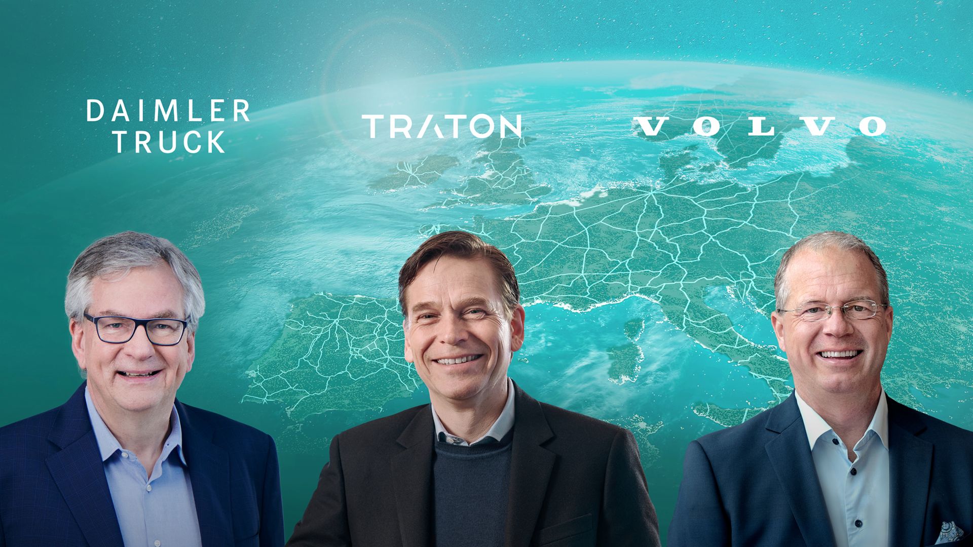 Bild von Christian Levin, CEO TRATON GROUP, Martin Daum, CEO Daimler Truck und Martin Lundstedt, Präsident und CEO Volvo Group.