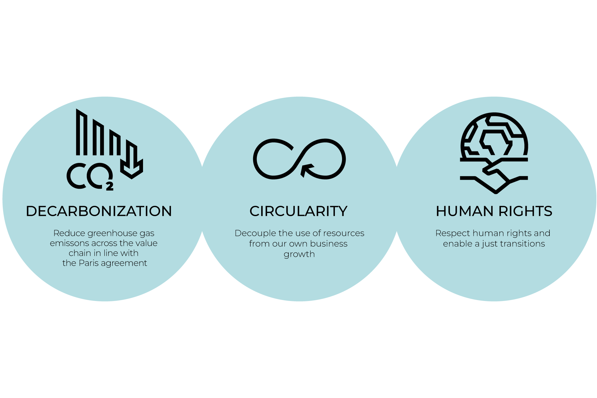 Three overlapping blue circles labeled Decarbonization, Circularity, and Human Rights, each with an icon. Decarbonization focuses on reducing greenhouse gas emissions; Circularity emphasizes decoupling resource use from business growth; and Human Rights promotes respect and just transitions.