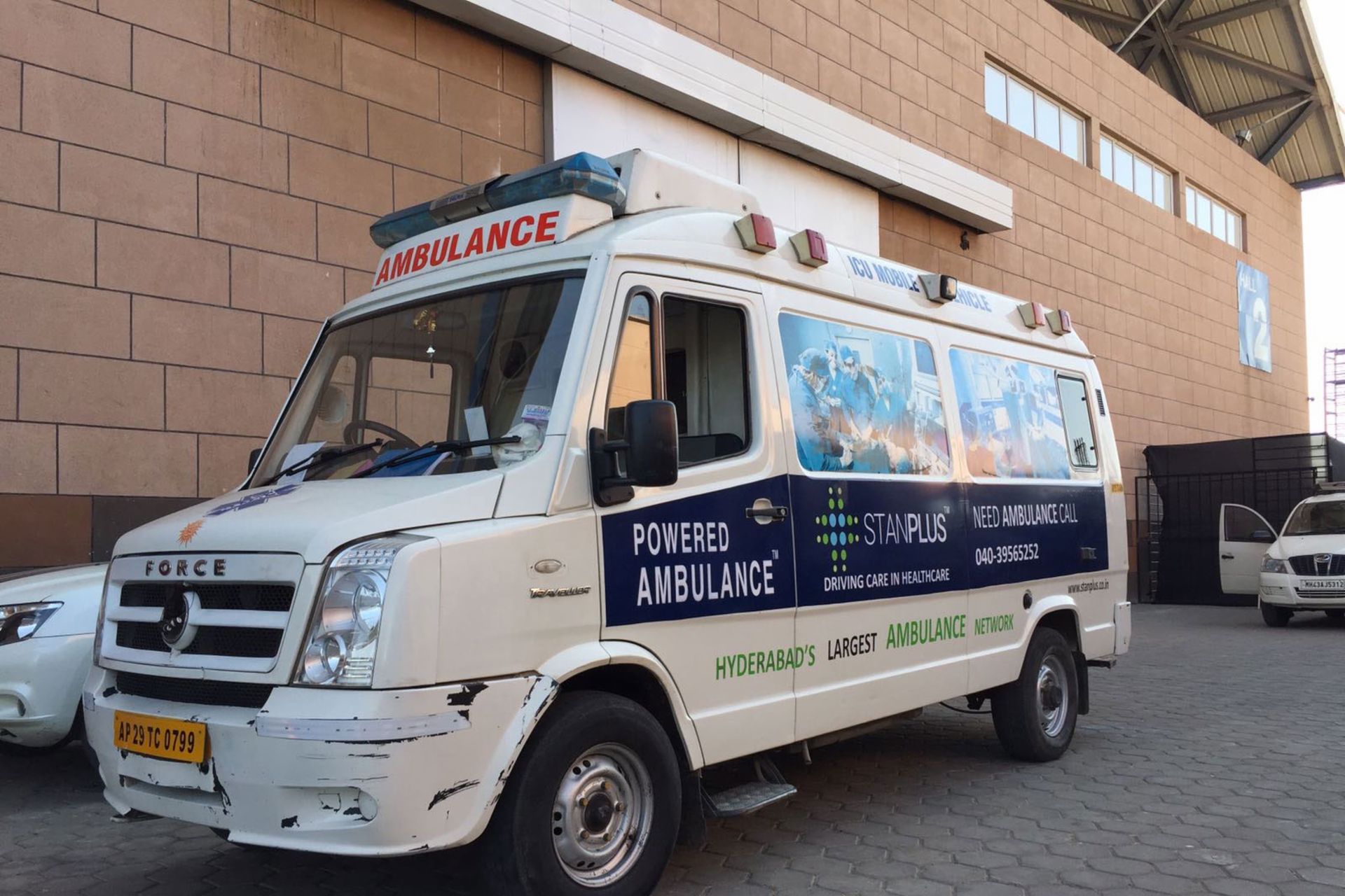 Stanplus ambulance in a courtyard in Hyderabad