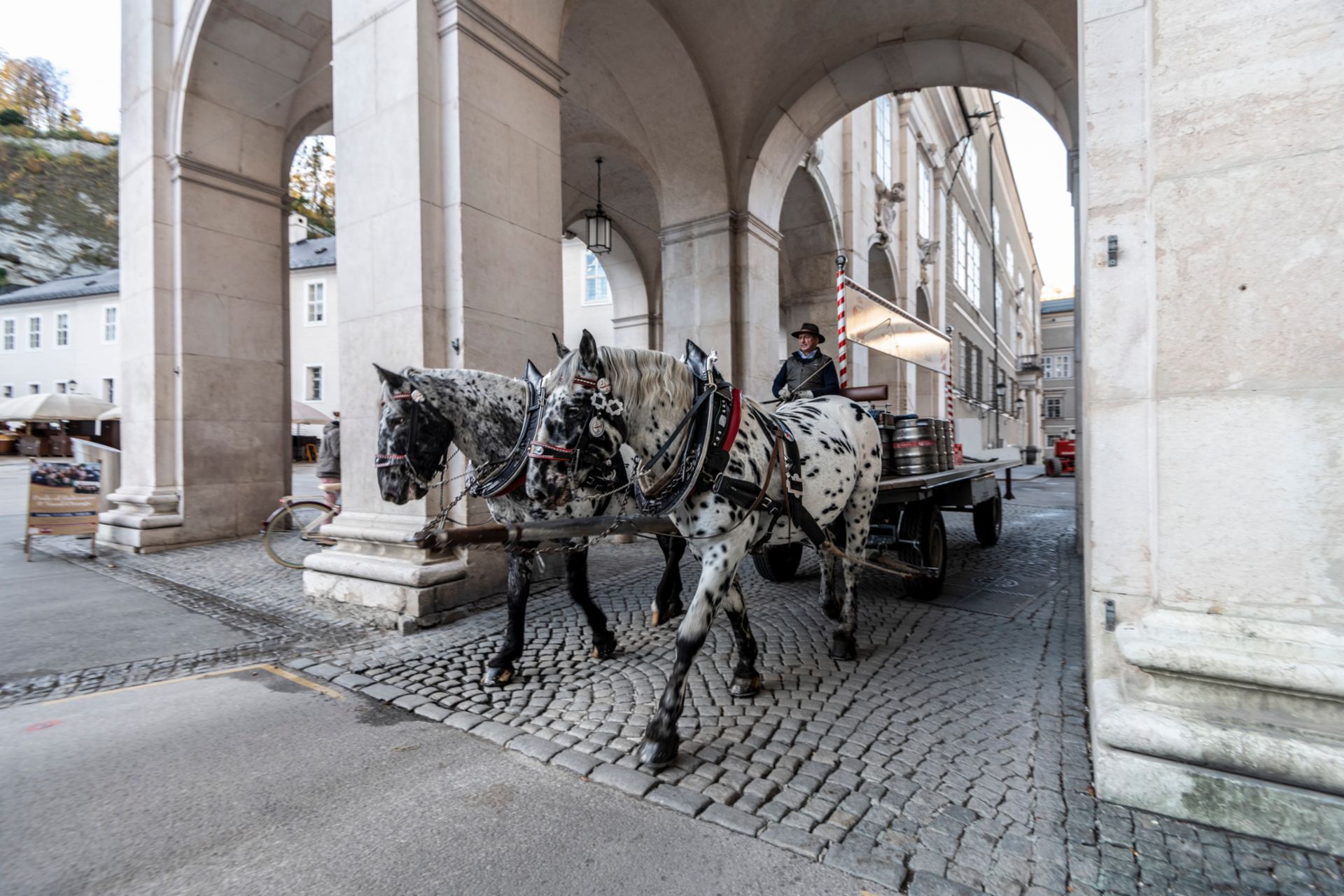 Stiegl’s coachman Herbert Schröder and the two stallions Lenz and Lord run daily deliveries to the historic district of Salzburg.