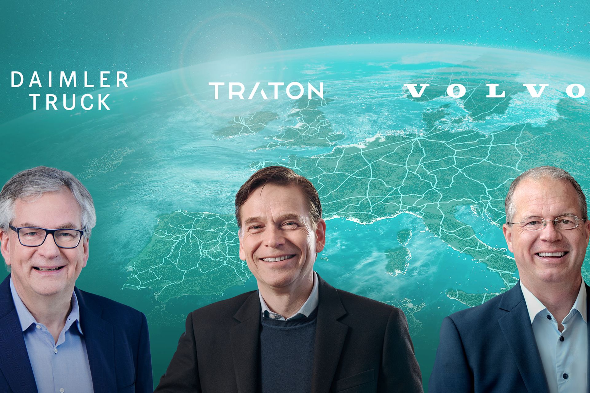 Picture of Christian Levin, CEO TRATON GROUP, Martin Daum, CEO Daimler Truck and Martin Lundstedt, President and CEO Volvo Group.
                 