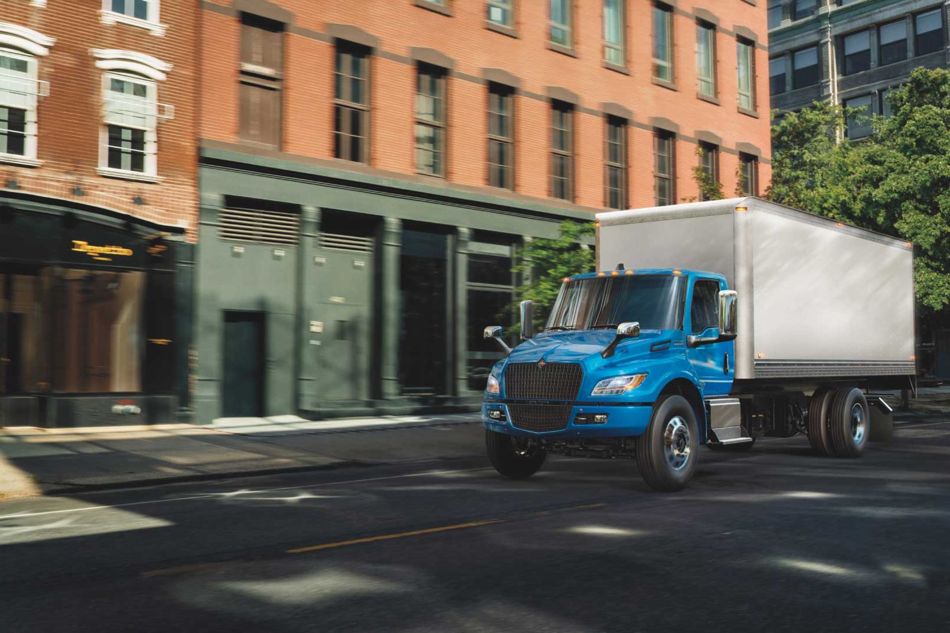 Image of a blue Navistar International eMV box truck
                 