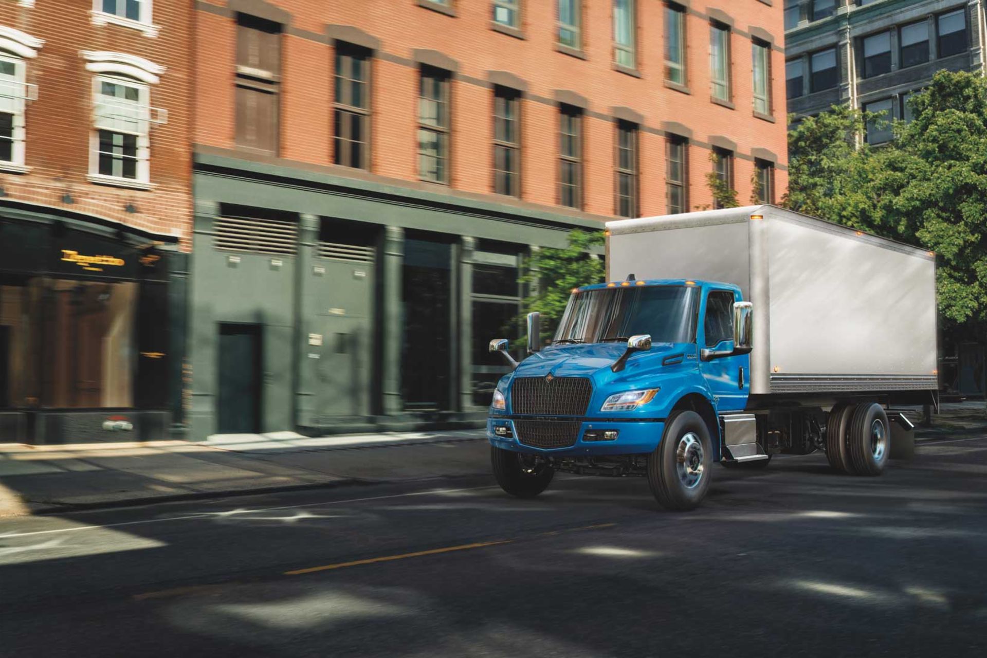 Image of a blue Navistar International eMV box truck