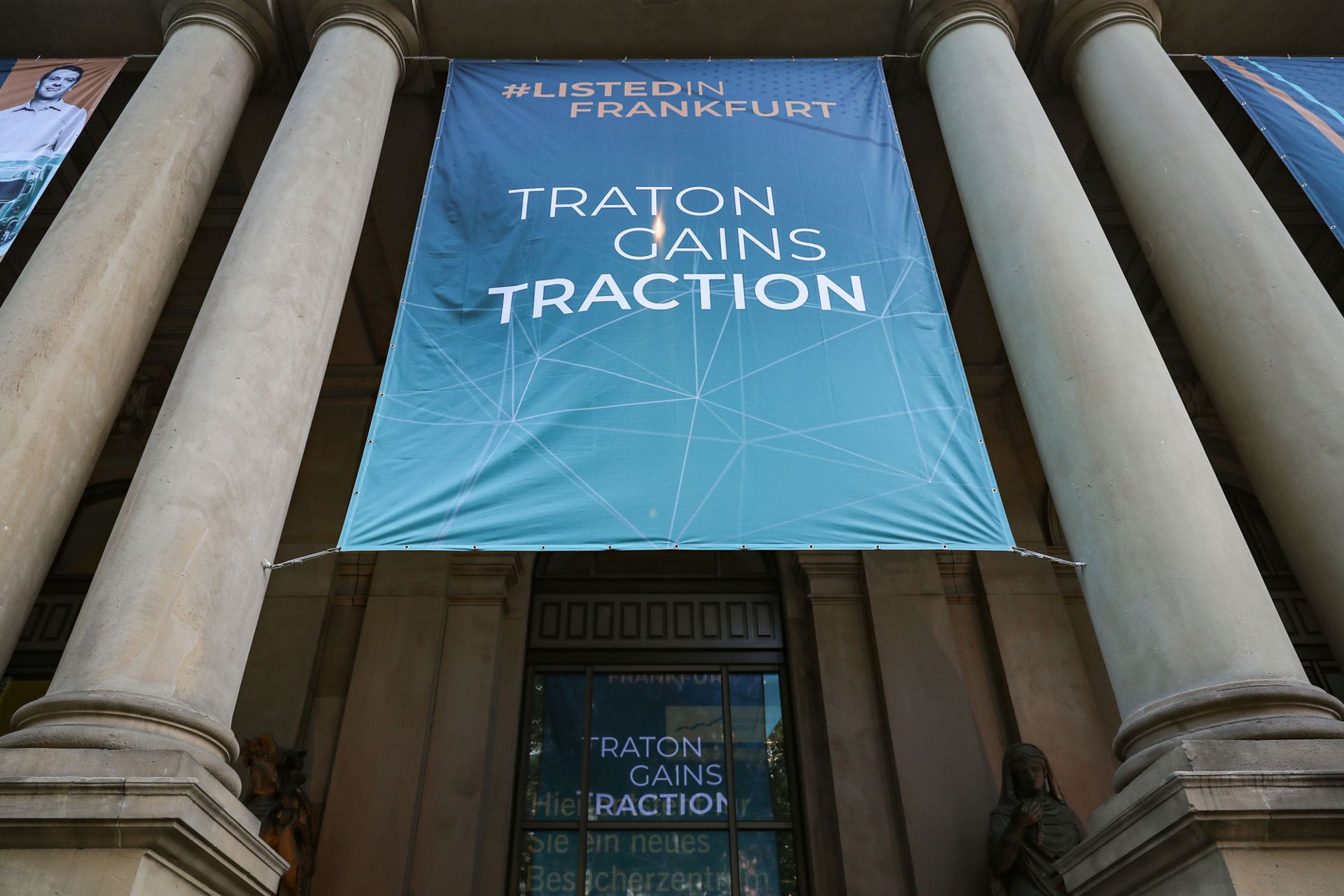 A dark blue banner with the inscription 