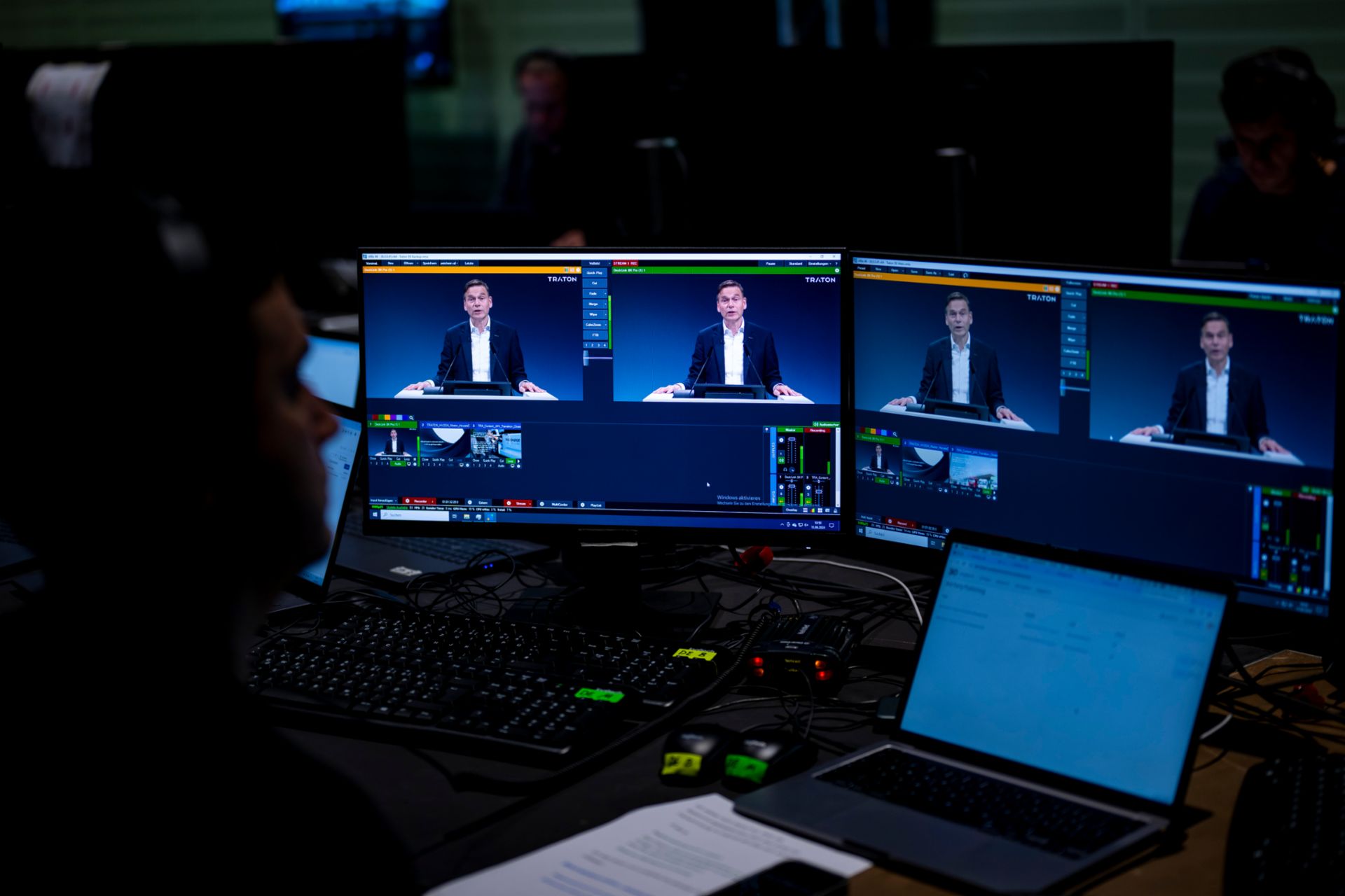 A large television studio is set up behind the scenes, as the 2024 Annual General Meeting will take place online at TRATON SE.
                 