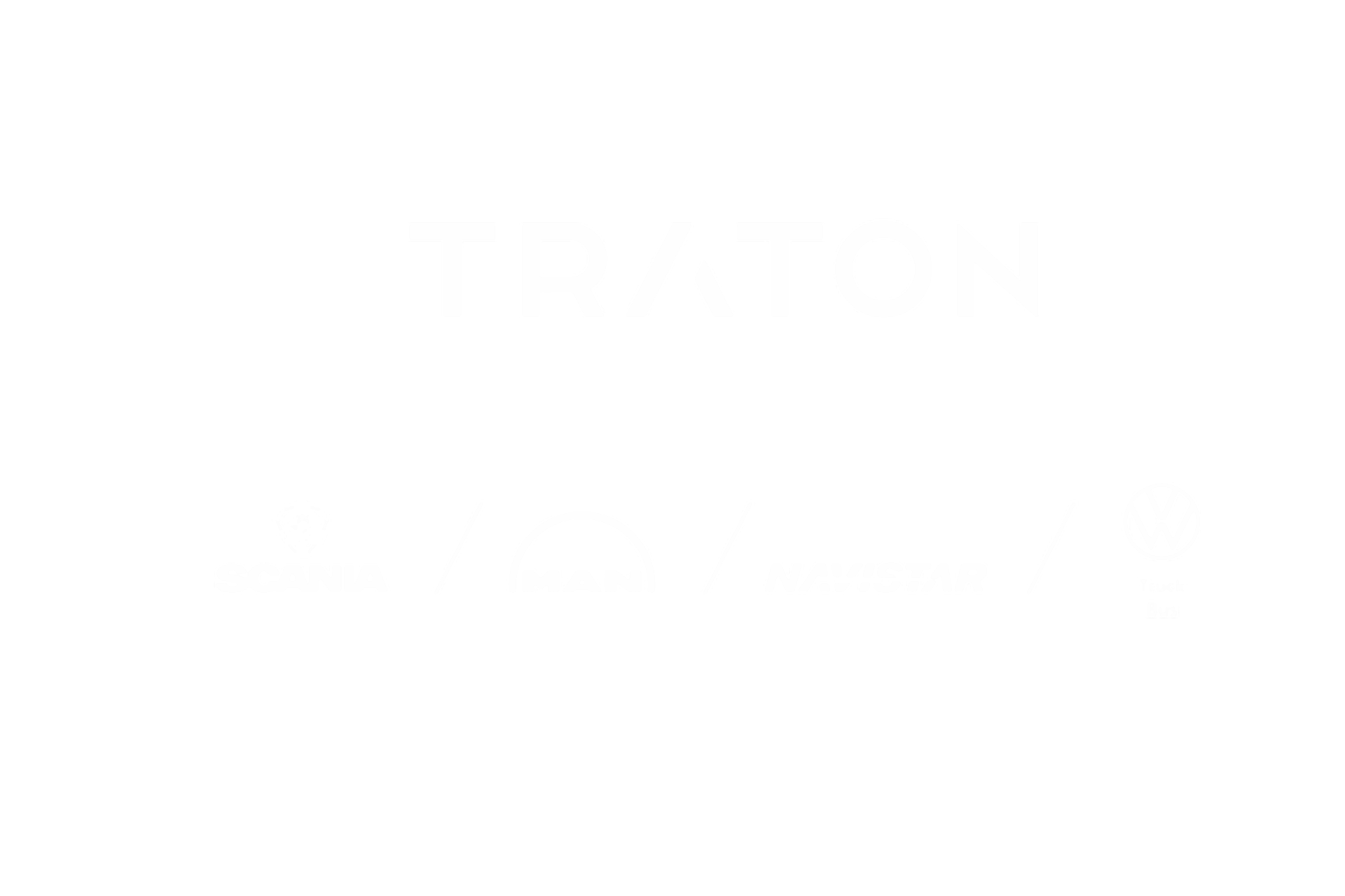 TRATON Logo mit den Logos der anderen Marken Scania, MAN, VWCO, Navistar in weiß
