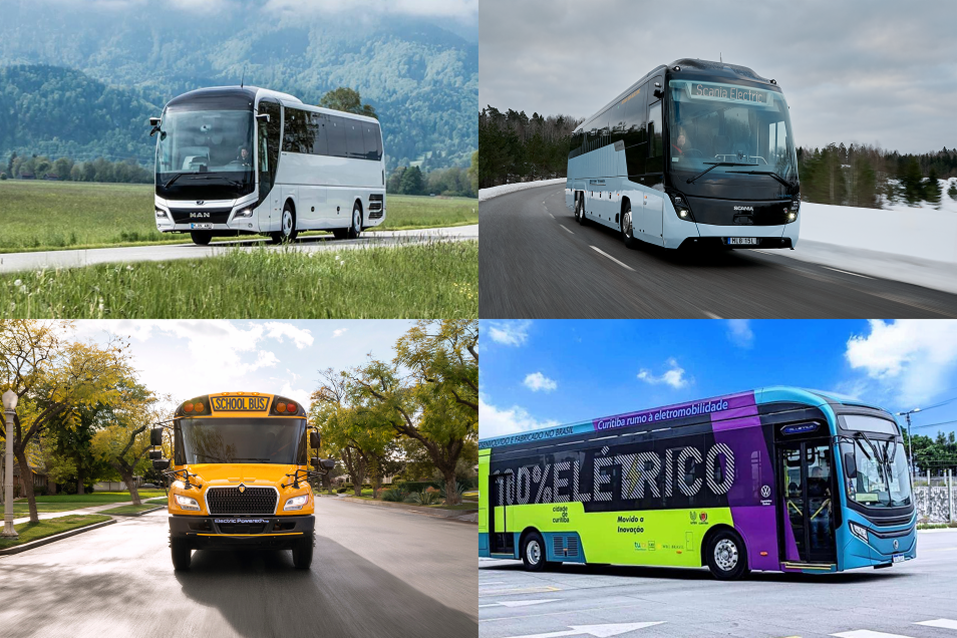 Collage aus vier elektrischen Bussen der TRATON GROUP: MAN Reisebus, Scania Reisebus, IC Bus Schulbus und Volkswagen e-Bus im öffentlichen Nahverkehr.
