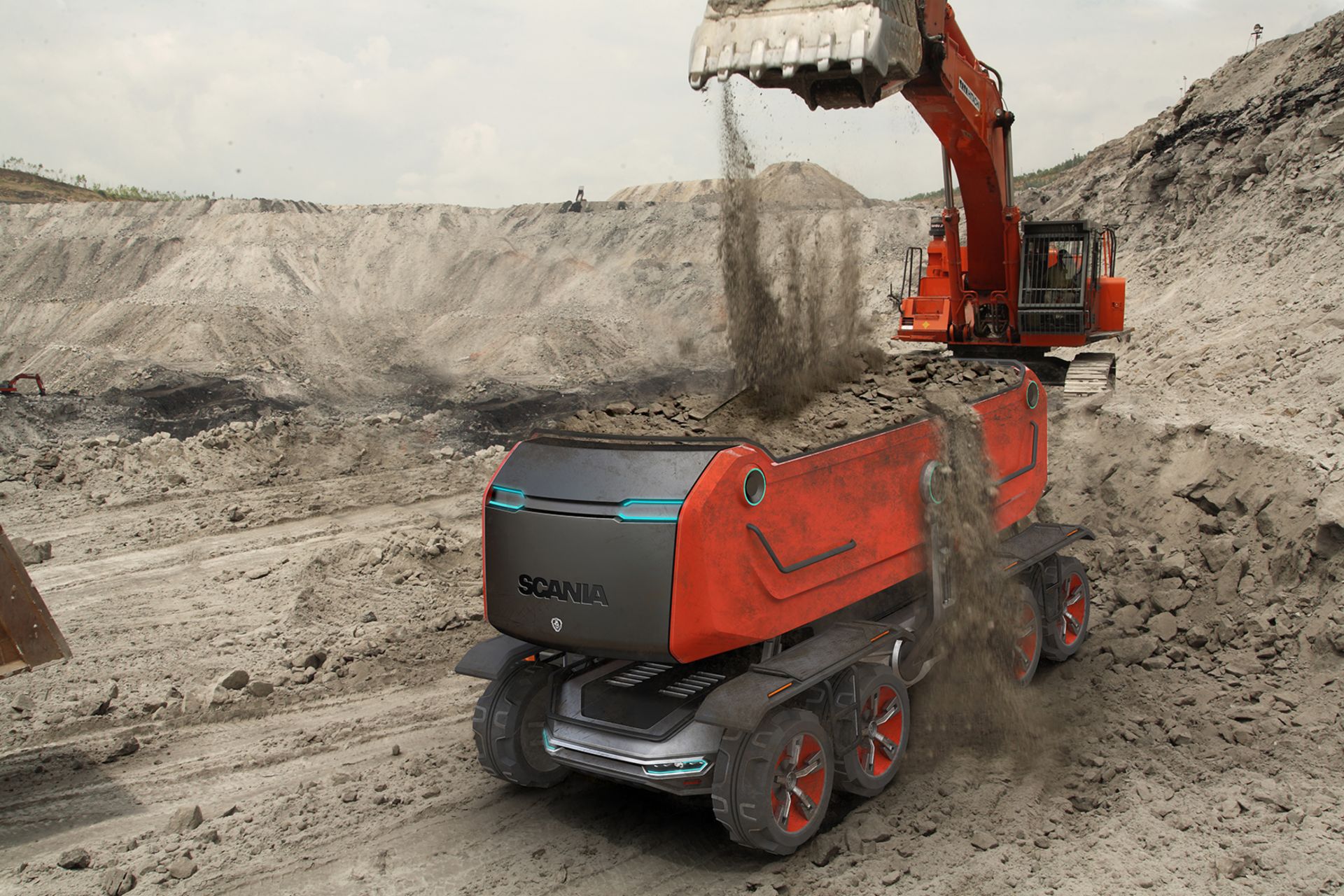 Ein automatisiertes, fahrerloses Scania-Fahrzeug fährt durch eine Baustelle.
                 