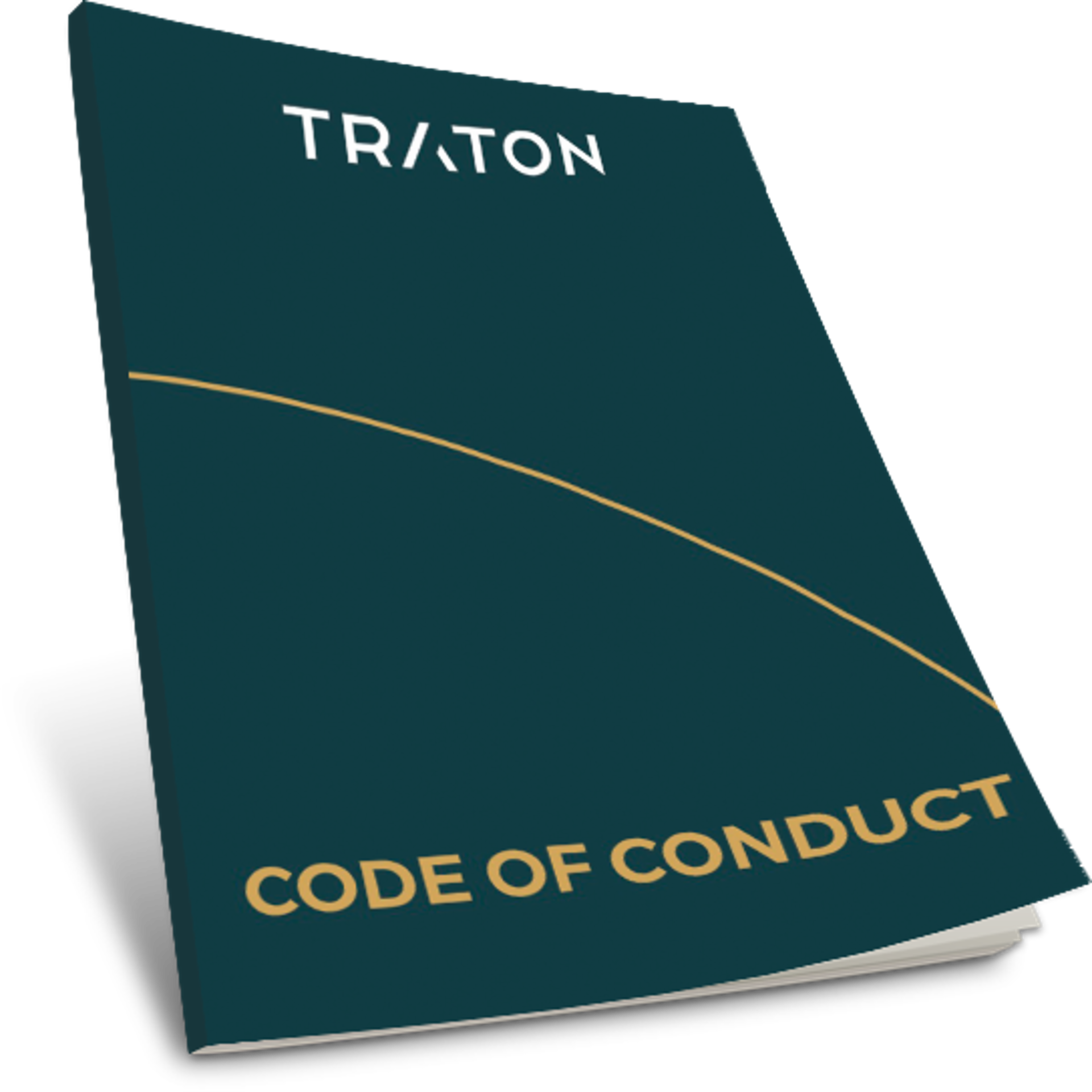 Cover sheet TRATON Code of Conduct in dark turquoise with a yellow line that runs diagonally across the cover sheet
