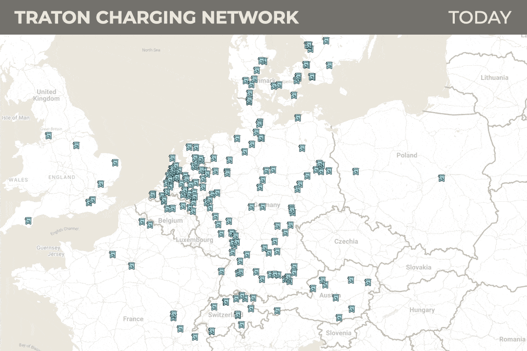Map showing the planned TRATON Charging Solutions network across Europe by 2030, with numerous charging stations marked.